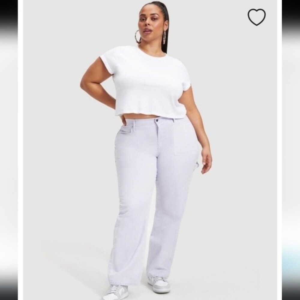 GOOD AMERICAN Good 90s Cargo white lite green stich jeans wide leg size 15 NWT
